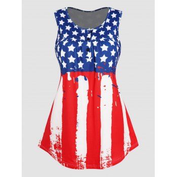 

Star Striped Print Tank Top Colorblock Button American Flag Casual Tank Top, Red