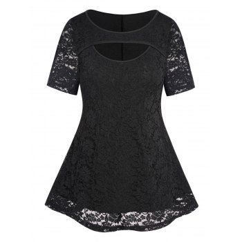 

Plus Size T Shirt Plain Color Peekaboo Cut Lace Panel Casual Tee, Black
