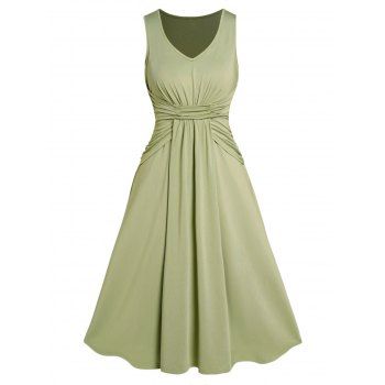 

Plain Color Dress Ruched Sleeveless High Waisted V Neck A Line Midi Casual Dress, Light green