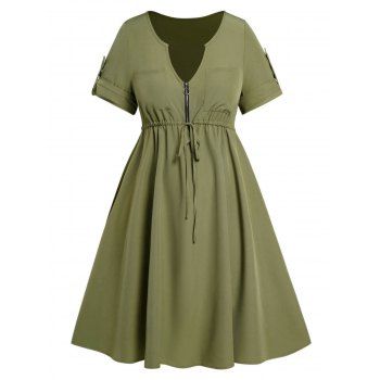 

Plus Size Dress Plain Color Drawstring Waist Zip V Notched Front Pocket Roll Up Sleeve A Line Midi Dress, Light green