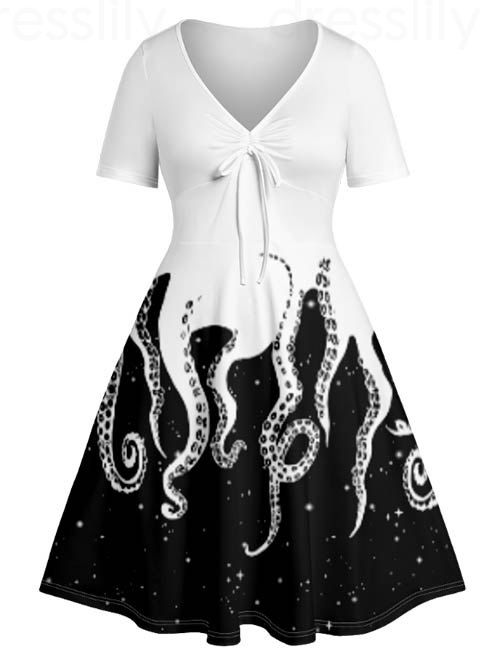 Plus Size Dress Octopus Empire Waist Tied Ruched V Neck A Line Midi Dress - WHITE 5X