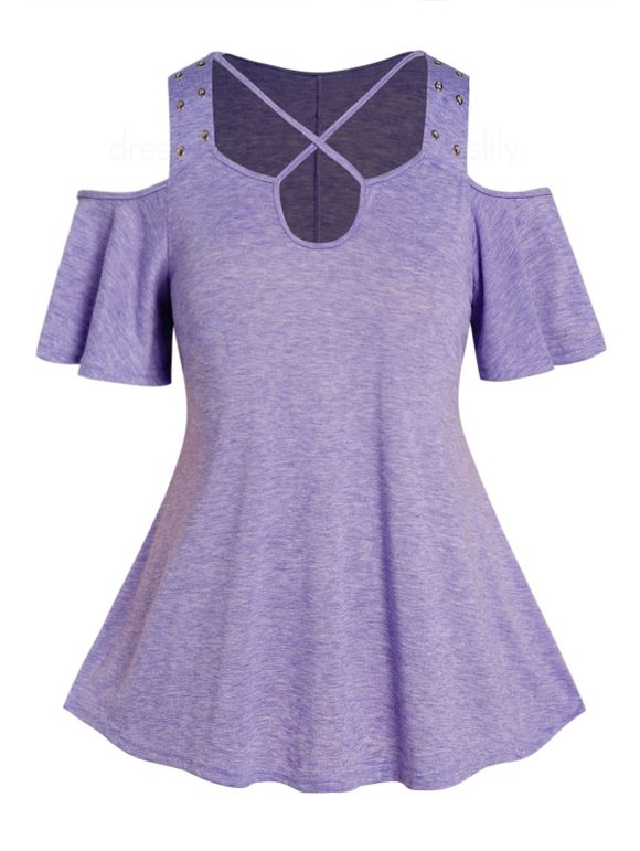 T-shirt Décontracté Chiné Découpé Croisé à Epaule Dénudée avec Œillet Grande Taille - Violet clair 3X