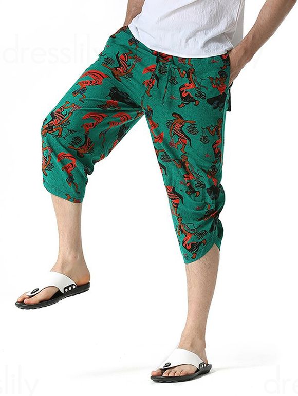 Pantalon Capri de Vacances à Ourlet Irrégulier Imprimé Partout Taille à Cordon - multicolor B L
