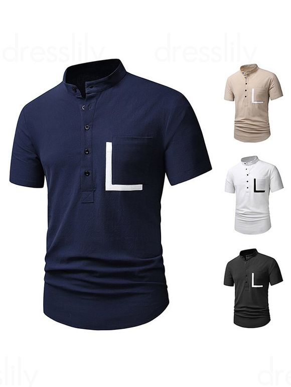 T-shirt Demi-Bouton en Couleur Contrastée avec Poche en Avant Manches Courtes à Col Debout - Cadetblue L