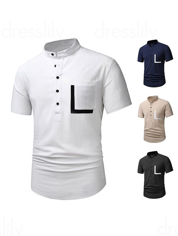 T-shirt Demi-Bouton en Couleur Contrastée avec Poche en Avant Manches Courtes à Col Debout - Blanc M