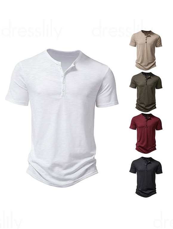 T-shirt de Base Simple Demi-Bouton Manches Courtes à Col Rond - Blanc S