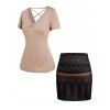 Ensemble de Mini Jupe Décontractée à Imprimé Géométrique Zippée et T-shirt Ruché Couleur Uni à Lacets - multicolor S