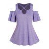 T-shirt Décontracté Chiné Découpé Croisé à Epaule Dénudée avec Œillet Grande Taille - Violet clair 1X