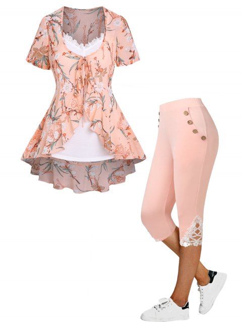 Flower Leaf Print High Low Tie Top Lace Insert Ruched Camisole And Applique Capri Leggings Casual Outfit