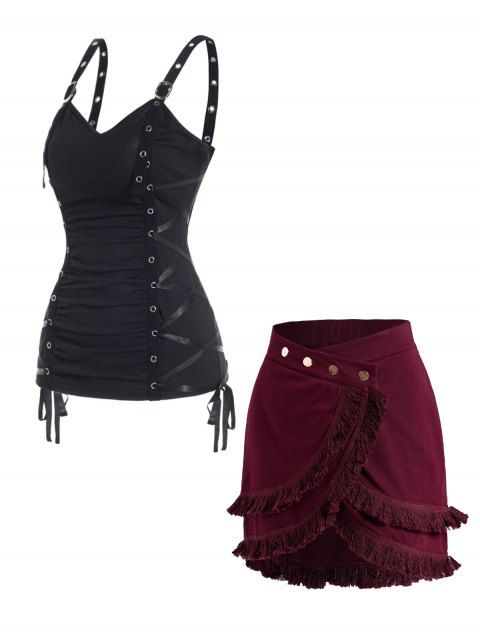 Ruched Grommet Lace Up Tank Top And Layered Tassel Asymmetric Mock Button Mini A Line Skirt Casual Outfit
