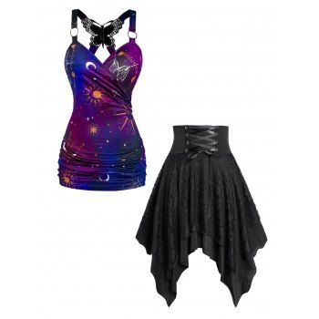 

Celestial Sun Moon Star Print Butterfly Ruched Surplice Tank Top And Lace Lace Up Asymmetrical Hem Midi Skirt Casual Outfit, Multicolor