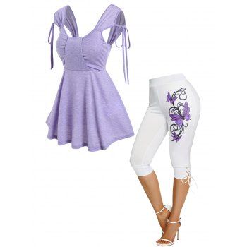 

Space Dye Print Cold Shoulder Drawstring T Shirt And Butterfly Print Lace Up Capri Leggings Casual Outfit, Multicolor
