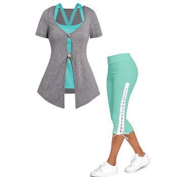 

Dual Buttons Pointed Hem Top Crossover Tank Top And Lace Up Skinny Crop Leggings Casual Outfit, Multicolor
