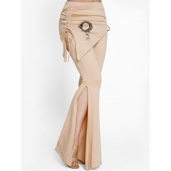 

High Slit Flare Pants Celestial Sun Moon Cinched Elastic Waist Long Pants, Light coffee