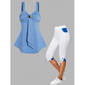 

Ruched Bust Metal Detail Sweetheart Neck Tank Top And Colorblock Mock Button Tulip Hem Capri Leggings Casual Outfit, Multicolor