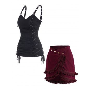 

Ruched Grommet Lace Up Tank Top And Layered Tassel Asymmetric Mock Button Mini A Line Skirt Casual Outfit, Multicolor