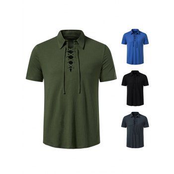 

Lace Up T Shirt Plain Color Turn Down Collar Short Sleeve Casual Tee, Army green