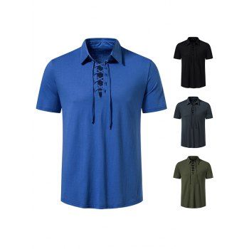 

Lace Up T Shirt Plain Color Turn Down Collar Short Sleeve Casual Tee, Blue
