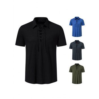 

Lace Up T Shirt Plain Color Turn Down Collar Short Sleeve Casual Tee, Black