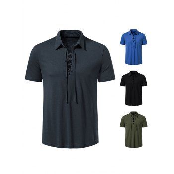 

Lace Up T Shirt Plain Color Turn Down Collar Short Sleeve Casual Tee, Cadetblue