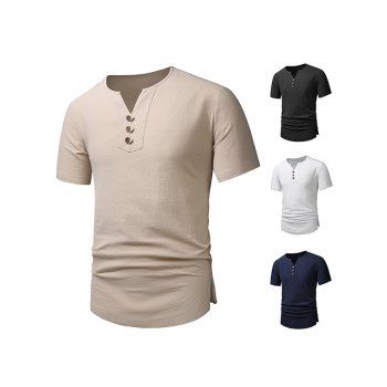 

Plain Color T Shirt V Notched Mock Button Round Neck Short Sleeve Casual Tee, Light coffee
