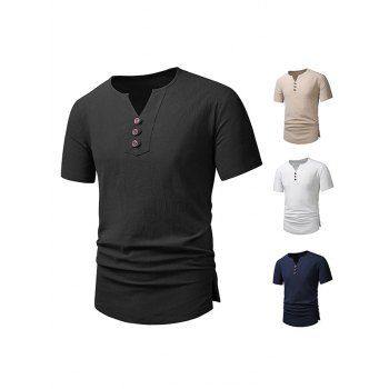 

Plain Color T Shirt V Notched Mock Button Round Neck Short Sleeve Casual Tee, Black