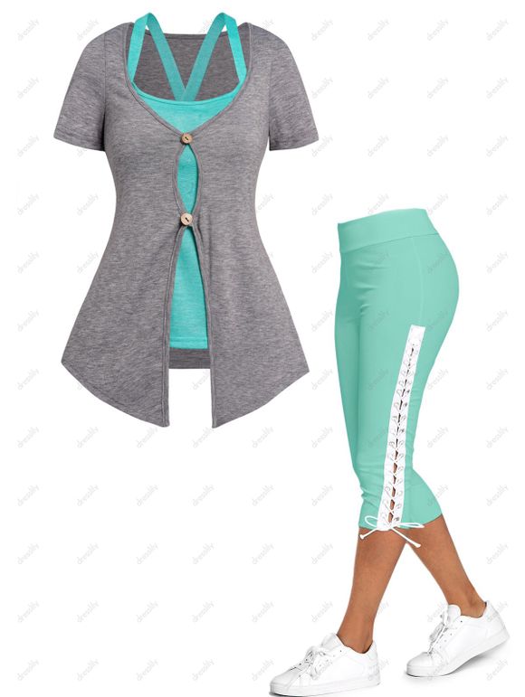 Ensemble de Tops Courts Décontractés Croisés à Double Boutons Ourlet Pointu et de Legging Moulant à Lacets - multicolor S