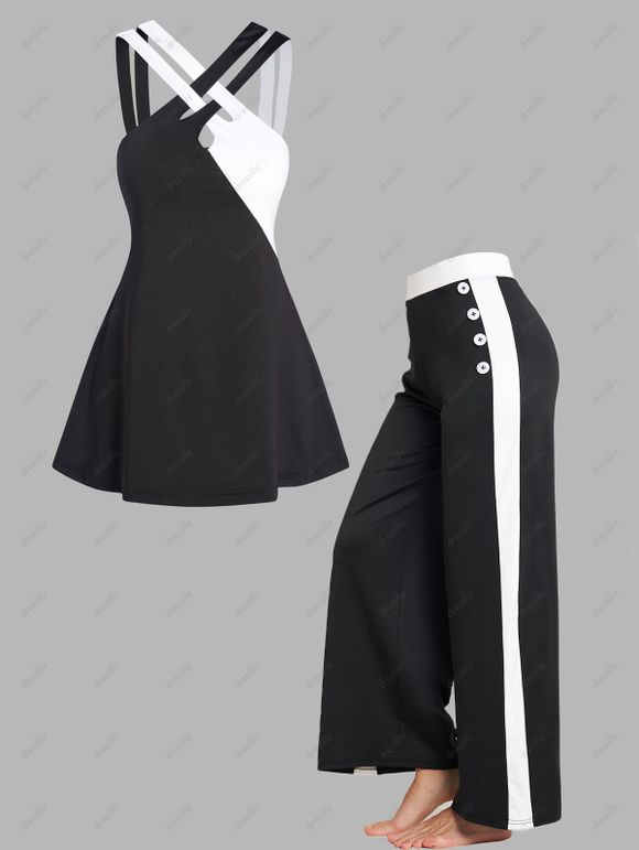Ensemble de Débardeur Décontracté Bicolore à Bretelle en Treillis et de Pantalon Rayé Contrasté avec Faux Bouton - Noir S