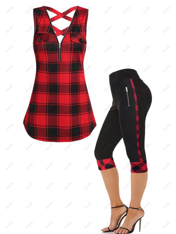 Ensemble de Débardeur Décontracté Croisé Découpé à Imprimé Carreaux avec Faux Bouton et Legging Capri  Zippé à Taille Large - multicolor S