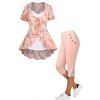 Ensemble de Legging Capri Applique et Top Haut Bas à Imprimé Fleur Feuille et Camisole en Dentelle Insérée à Volants - Rose clair S