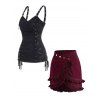Ensemble de Débardeur Décontracté à Lacets et de Mini Jupe Asymétrique Superposée avec Faux Bouton Frange en Ligne A - multicolor S
