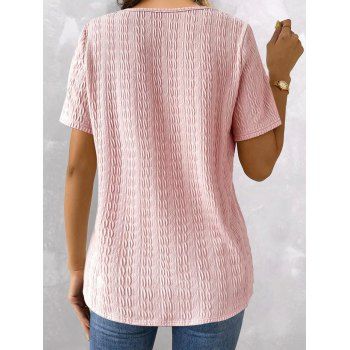 Textured Solid Color Short Sleeve T-shirt Mock Button Lace Trim V Neck Tee