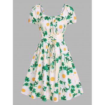 

Allover Daisy Leaf Print Vacation Dress Lace Up Short Sleeve Mini Dress, Light green