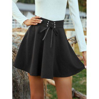 

Lace Up Grommet Mini Skirt Solid Color Zip Up High Waist Skirt, Black