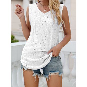 

Pure Color Hollow Out Tank Top Curved Hem V Neck Long Casual Tank Top, White