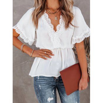 

Pure Color Lace Guipure Trim Blouse Plunging Neck Elastic Waist Short Sleeve Blouse, White