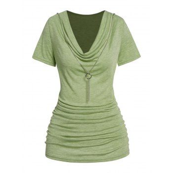 

Draped T Shirt With O-ring Chain Cowl Neck Heather Ruched Short Sleeve Casual Tee, Light green