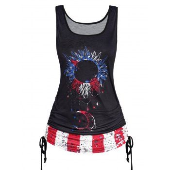 

Sun Moon American Flag Panel Tank Top Cinched Scoop Neck Casual Tank Top, Black