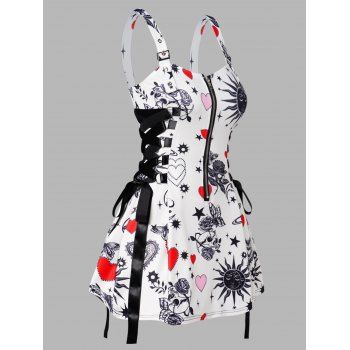 

Celestial Sun Moon Skull Flower Heart Print Lace Up Mini Dress Half Zipper Sleeveless Adjustable Buckle Strap A Line Dress, White