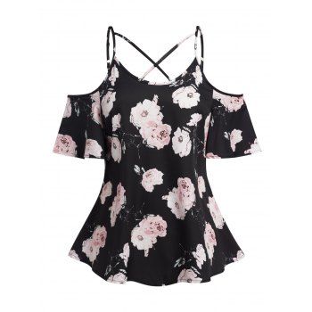 

Plus Size Blouse Cold Shoulder Flower Print Crisscross Short Sleeve Casual Blouse, Black