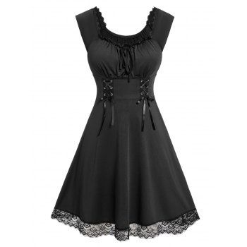 

Plus Size Dress Plain Color Off The Shoulder Ruffle Lace Up Lace Hem Tied A Line Mini Dress, Black
