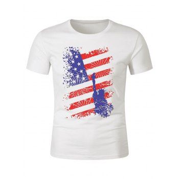 

American Flag Statue Of Liberty Print T-shirt Short Sleeve Round Neck Casual Tee, White