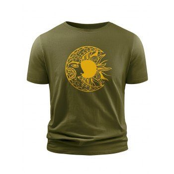 

Celestial Sun Moon Print T-shirt Round Neck Short Sleeve Casual Tee, Army green