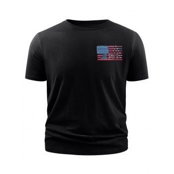 

American Flag Letter Print T-shirt Short Sleeve Round Neck Casual Tee, Black