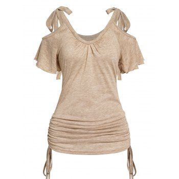 

Cold Shoulder Short Sleeve T-shirt Bowknot Shoulder Ruched Cinched V Neck Tee, Light coffee