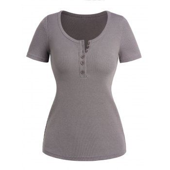 

Half Button Short Sleeve Tee Solid Color Textured Casual T-shirt, Gray