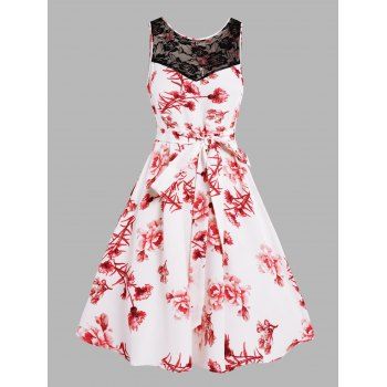 

Flower Print Dress Lace Panel Self Belted High Waisted Sleeveless A Line Mini Vacation Dress, White