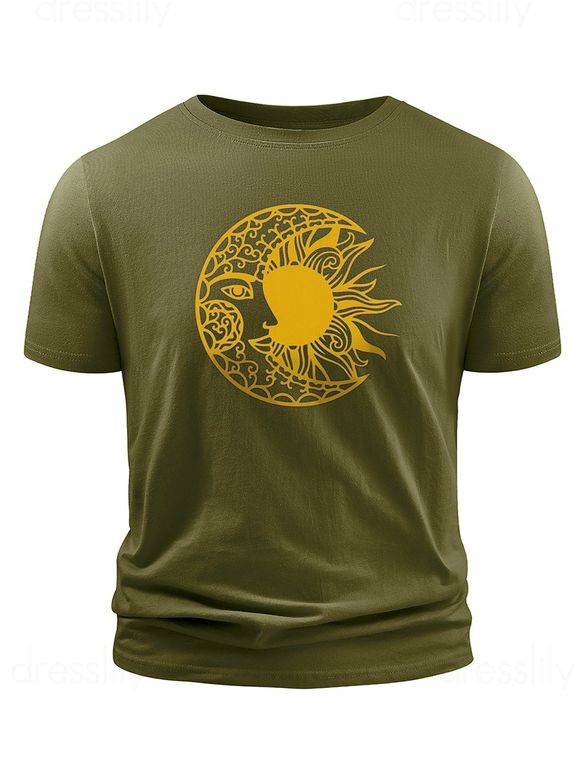 T-shirt Décontracté à Imprimé Lune Soleil Manches Courtes à Col Rond - Vert Armée 2XL