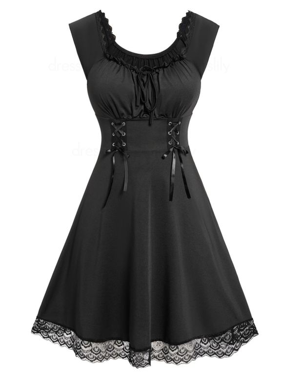 Plus Size Dress Plain Color Off The Shoulder Ruffle Lace Up Lace Hem Tied A Line Mini Dress - BLACK 3X