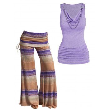 

Draped Ruched Chain Embellishment Tank Top And Tie Dye Print Cinched Foldover Wide Leg Pants Casual Outfit, Multicolor